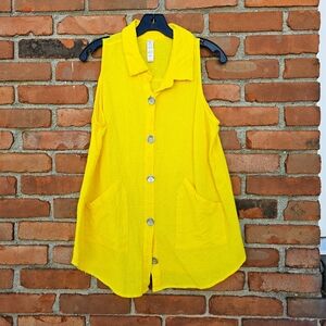 Teezher Bright Yellow Textured Cotton | Sleeveless Button Front Top | Size M |